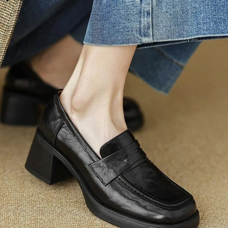 Thick Square with Single Shoe Women's Vintage French Sheepskin Loafers Vintage High-heeled Small Leather Shoes