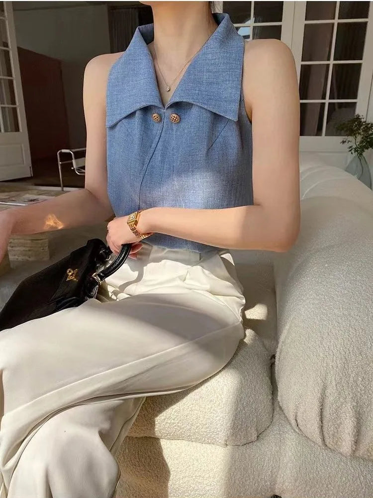Temperament Lapel Blouse Women Sleeveless Off Shoulder Blue Shirts Office Lady Formal Elegant Fashion Tops Summer Chic