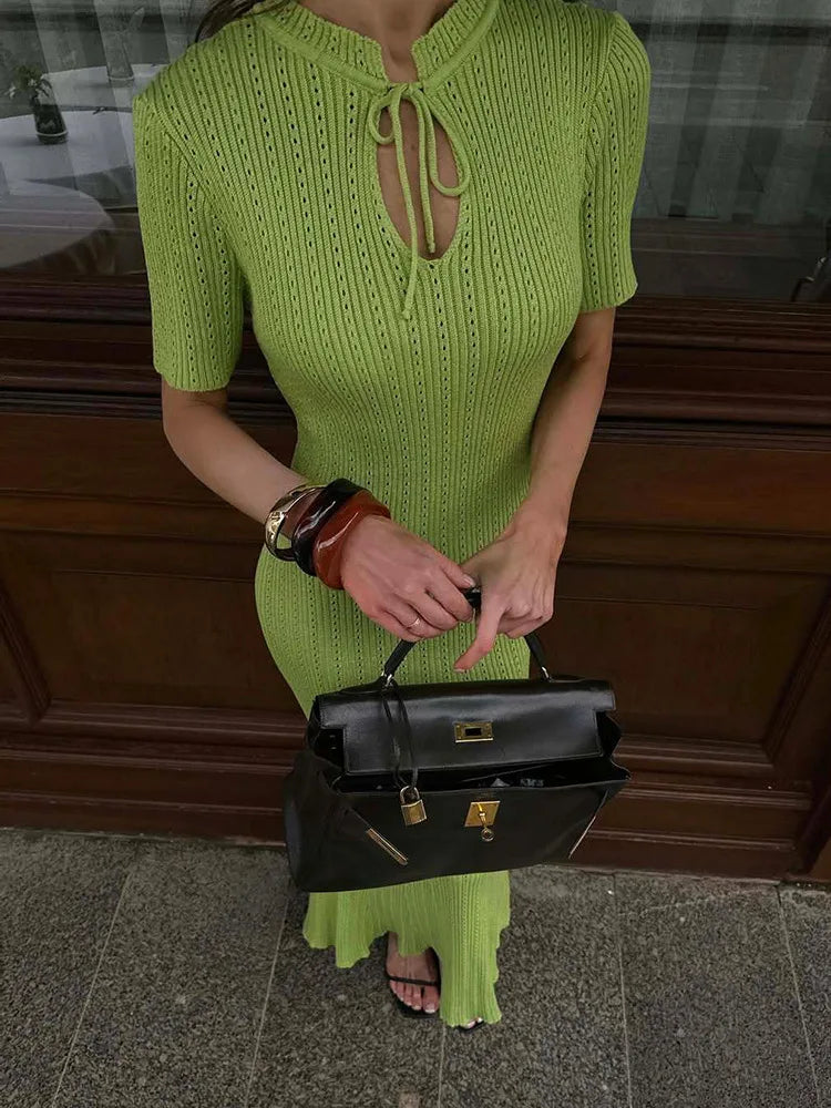 Hollow Out Knitted Short Sleeve Maxi Dress Women's Crew Neck Tie Solid Color Slim Long Dress Summer Casual Streetwear