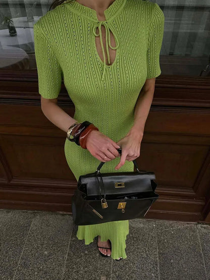 Hollow Out Knitted Short Sleeve Maxi Dress Women's Crew Neck Tie Solid Color Slim Long Dress Summer Casual Streetwear
