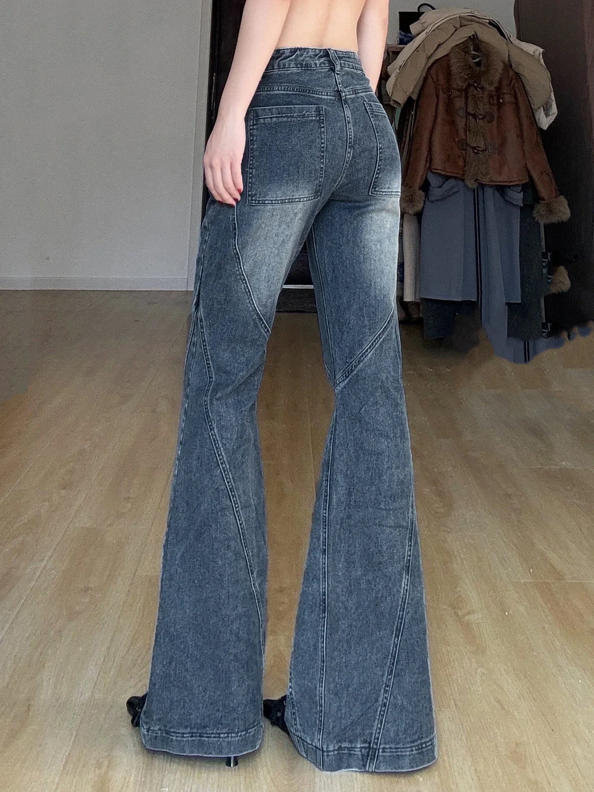 Blue Low Rise Flared Jeans Streetwear y2k Baggy Patchwork Denim Pants 90s Aesthetic Mom Jeans Korean Style Casual Pants