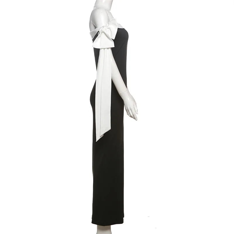 Off Shoulder Contrast Bow Shoulder Ribbon Bodycon Maxi Dress