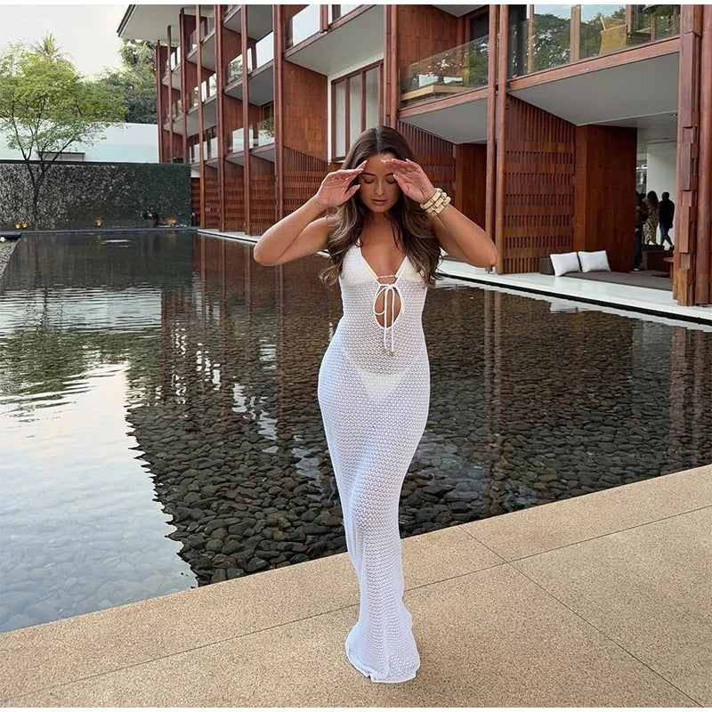 Beach Hollow Out Knit Long Dress Women Slim Sleeveless Lace Up V-neck Bodycon Dresses Female 2025 Summer Party Solid Robes