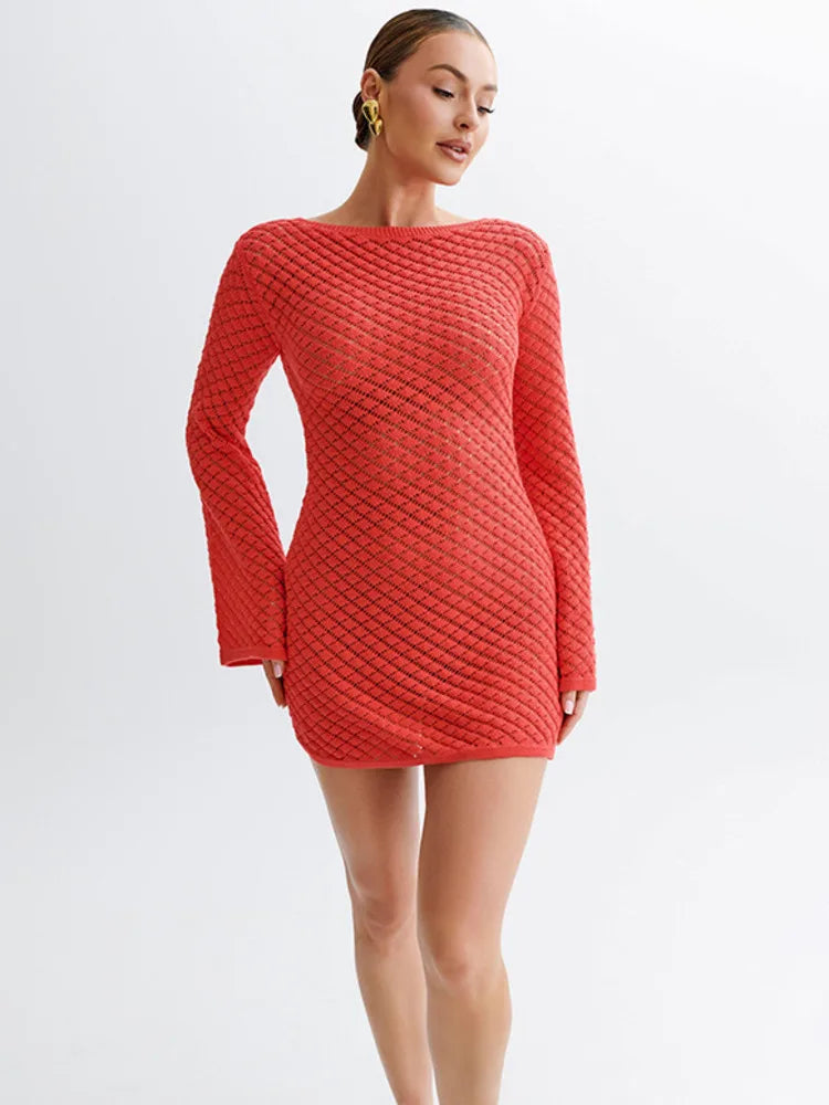 Round Neck Open Knit Lattice Bell Sleeve Crochet Mini Dress