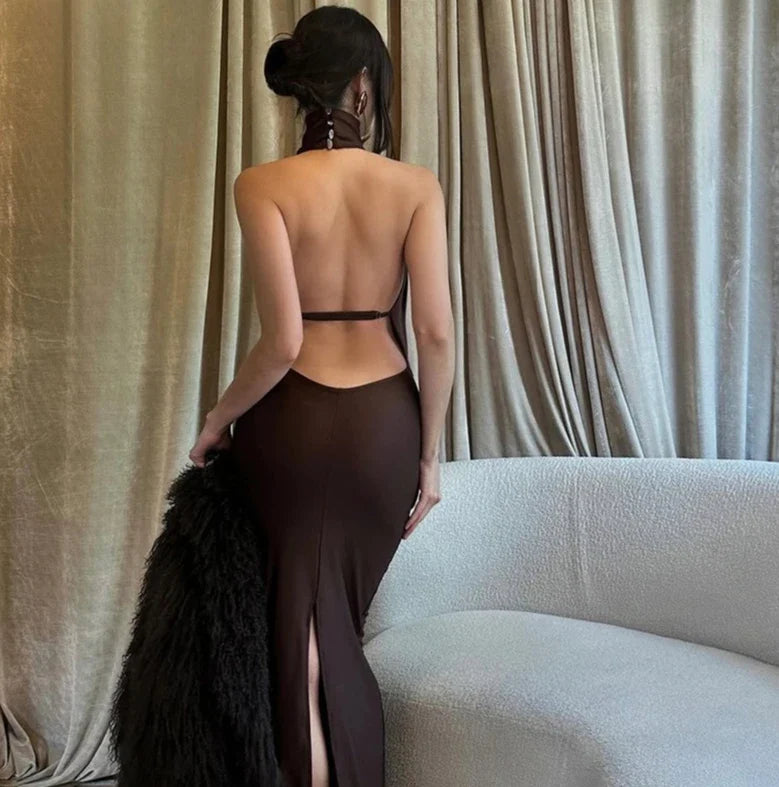women's sexy hollow out swinging neck backless princess style slim fit bag hip slit hanging neck dress