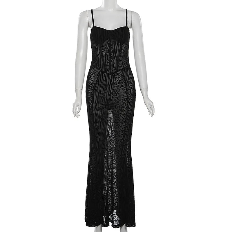 Sheer Mesh Corset Bodice Print Mermaid Maxi Gown