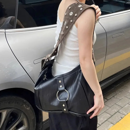 Y2k Punk Black Large Capacity Tote Bag Women Vintage Commuting Korean Trendy Shoulder Bag Motorcycle Designer Crossbody Bag