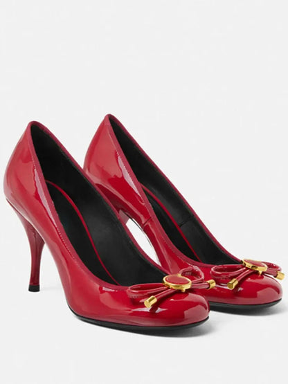 Spring/Summer New Women's Stiletto Single Shoes Round Head Bow Black Red Party Wedding Women's 34-43 Large Sandals