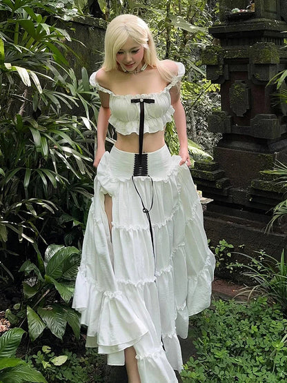 Puss Sweet 2-Piece Set Women Y2K Slash neck Patchwork Lace Bow Crop Tops+High Split Bandage Skirts Matching Vacation Suits