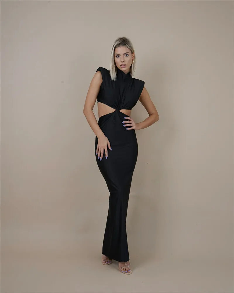Mock Neck Structured Shoulder Waist Cutout Satin Maxi Gown
