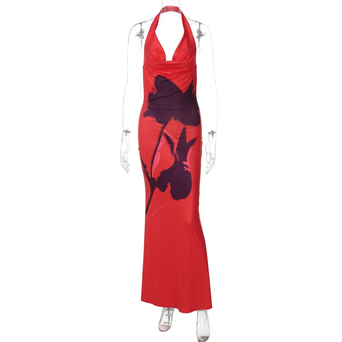 Halter Cowl Neck Large Floral Graphic Print Bodycon Maxi Dress