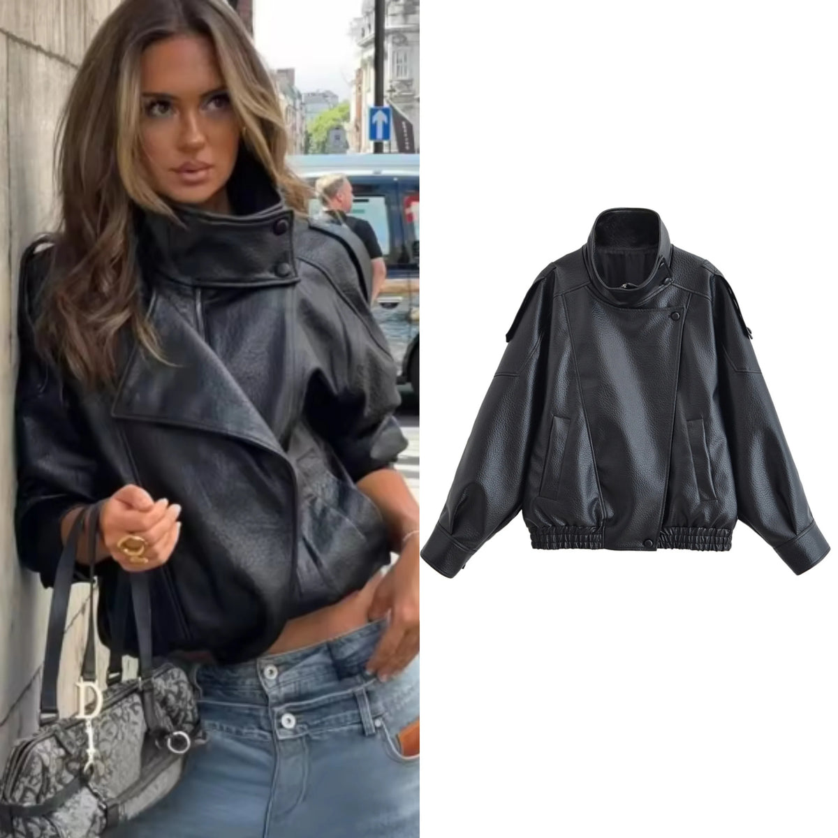 Women's Jacket Fall 2025 New Black Long Sleeve Pebble Faux Leather Jacket Motorcycle Style Personality Fashion