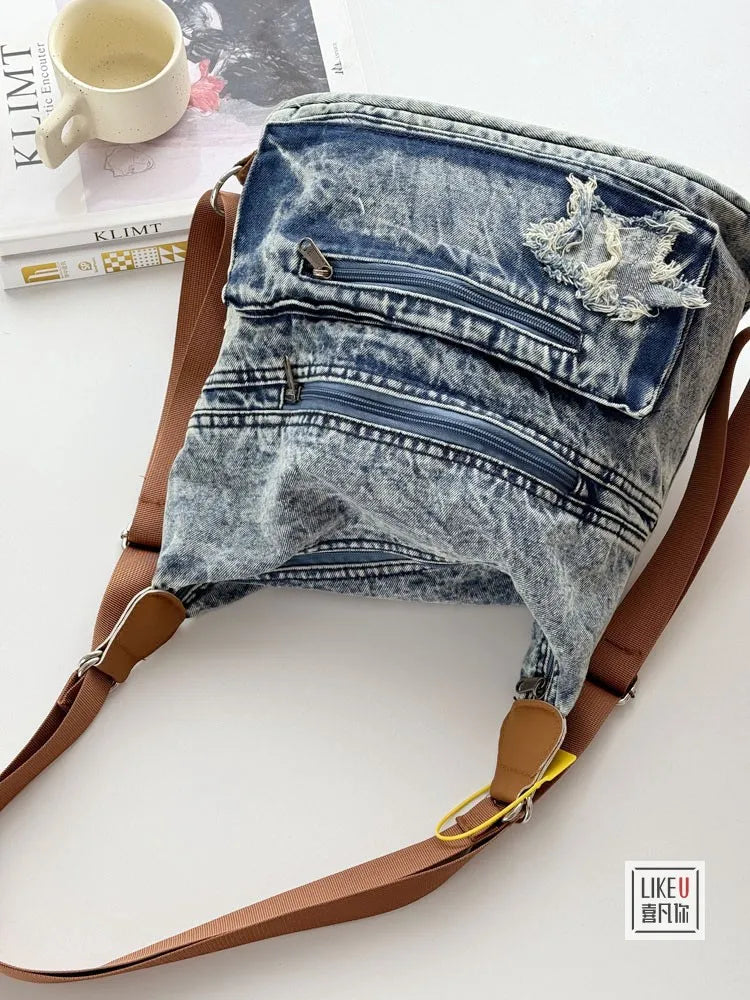 Korean Retro Washed Denim Women's Bag Spicy Girl One Shoulder Tote Student Fashion Versatile Backpack