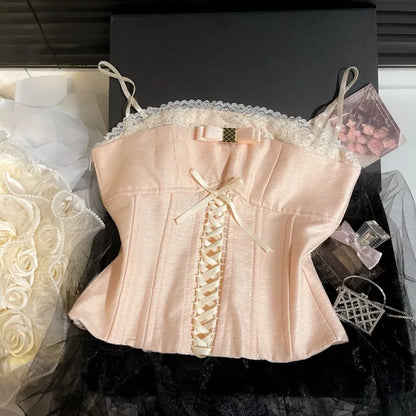 Spicy Girl Pink Tank Top for Women Summer Chest Pads Lace Treim Suspender Camisole Unique Lace-up Y2k Tops Camison Verano
