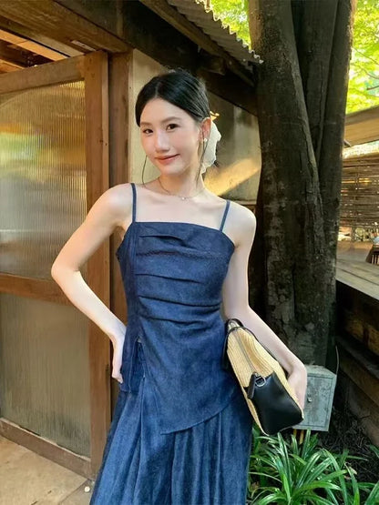 Casual Sexy Suit Women's Spring Summer Pleated Strap Vest High Waist Wide Leg Jeans Two-piece Set Fashion Female Clothes