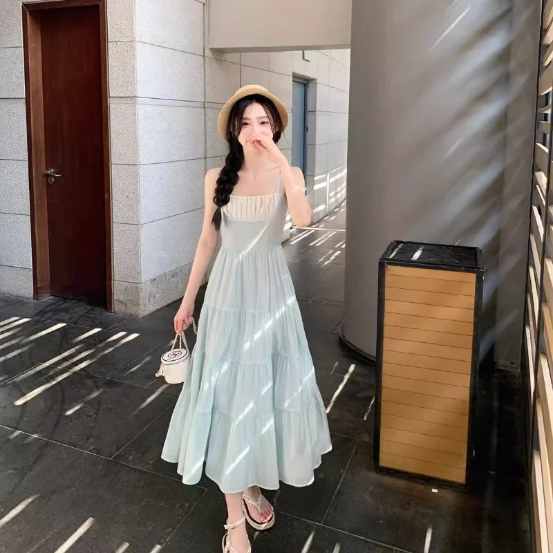 Elegant Vintage Fashion Patchwork Midi Dresses for Women Summer Beach Holiday Spaghetti Strap Casual Party Female Clothing