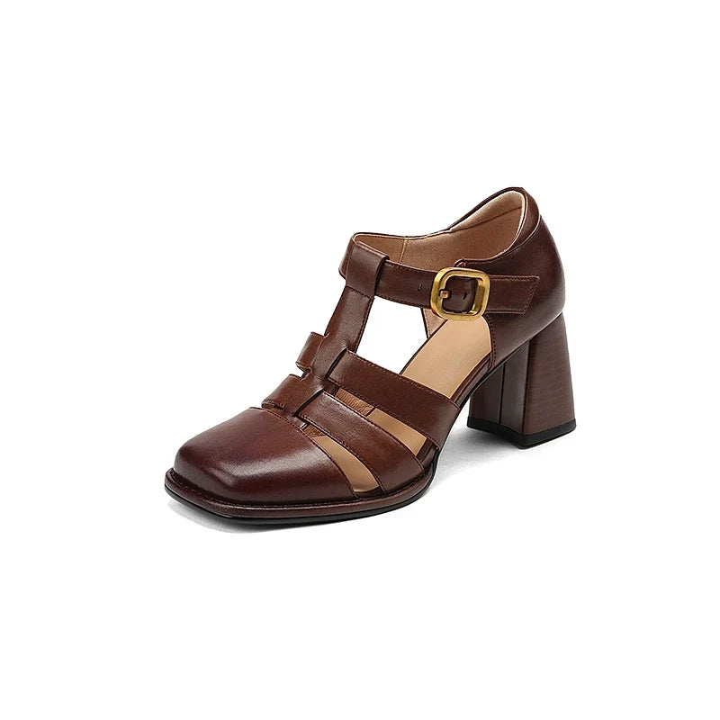Summer Shoes Women Square Toe Cover Heel Gladiator Modern Sandals Pu Leather Chunky Heel High Heels Roman Women Sandals