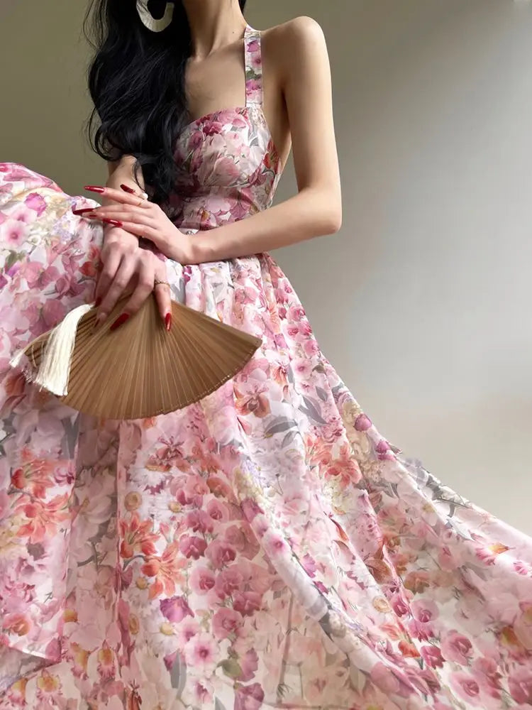 Suspender Dress Floral French Exquisite Print Summer Vacation Seaside Swing Long Women'S Long Dress