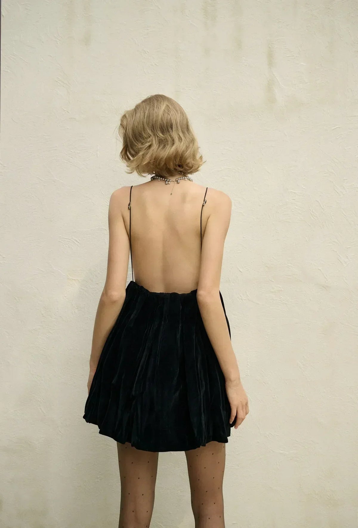 Spaghetti Strap Deep V Neck Gathered Velvet Babydoll Mini Dress