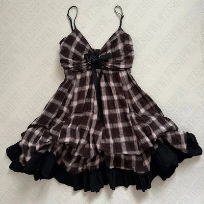 Women's suspender V-neck dress retro plaid pattern 2000s Harajuku street hip-hop casual versatile cute Y2K emo girls slim dress