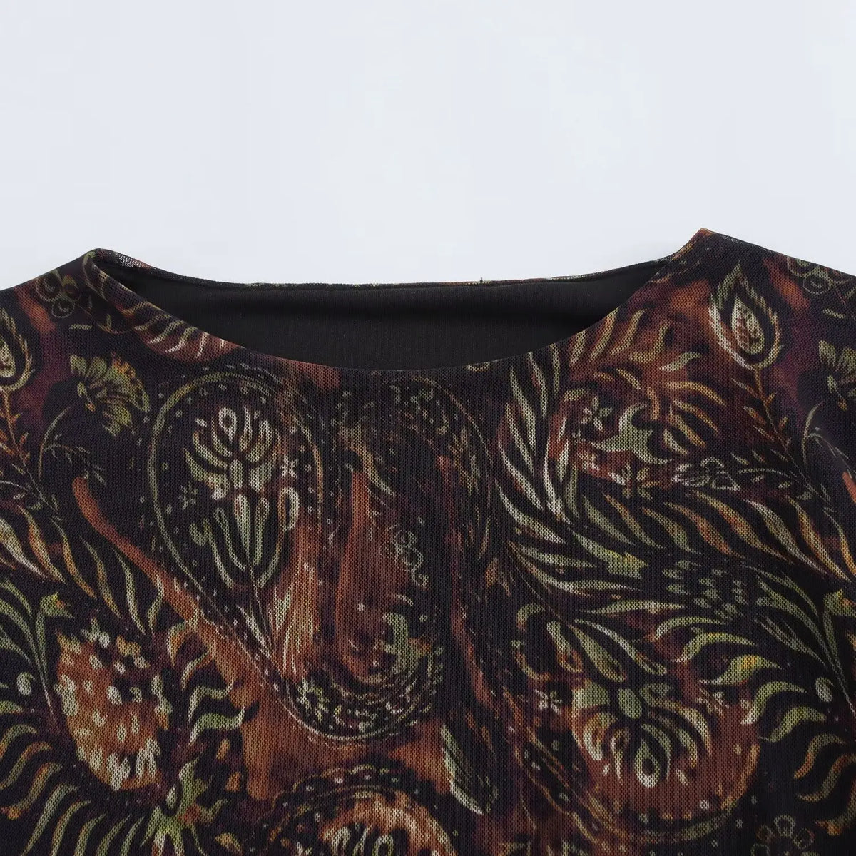 Crew Neck Long Sleeve Paisley Print Pleated Flare Mini Dress