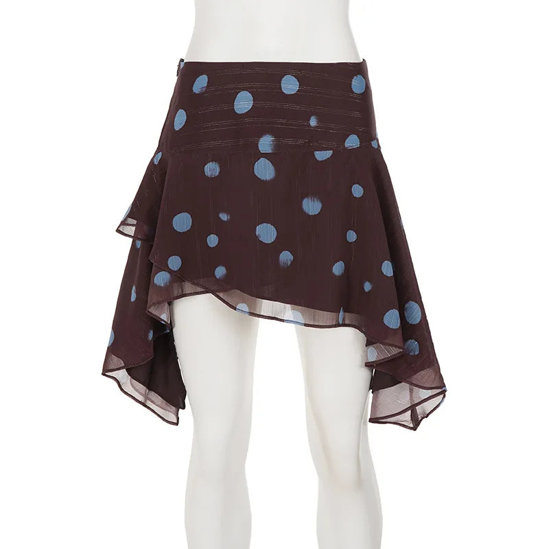 Asymmetrical Polka Dot Chiffon Mini Skirt Low-waist Irregular Pleated Short Skirt Fashion Elegant Beachwear Summer Outfit