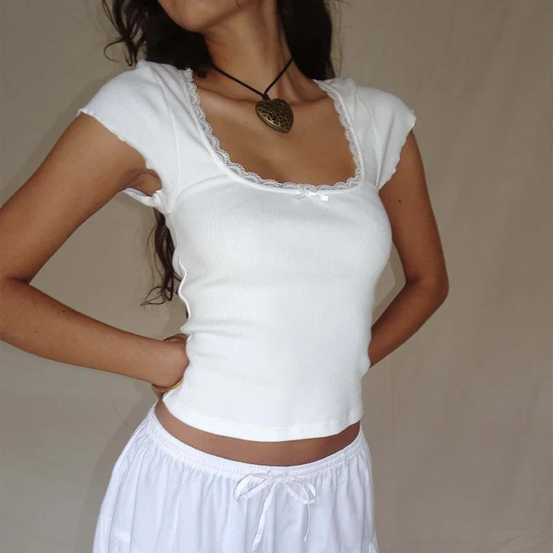 Lace Trim Knitted Cottage Baby Tee Crop Top