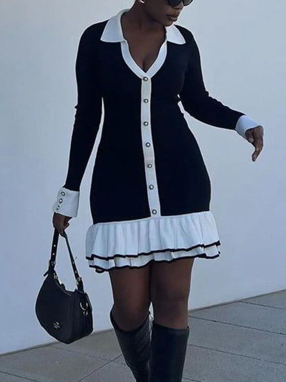 Pointed Collar Button Front Contrast Cuff Ruffle Hem Knit Mini Dress
