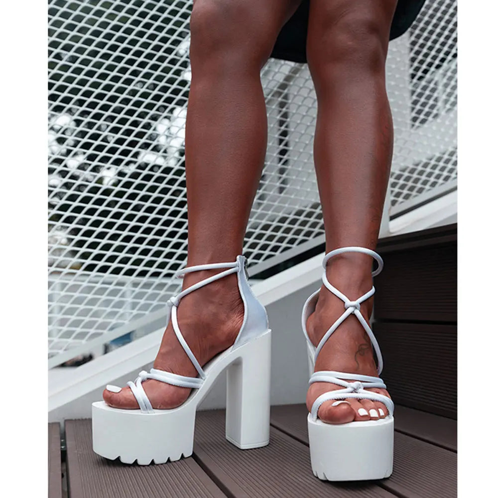 New Black Summer 14cm High Block Heels Chunky Platform Sandals for Women White Cross-strap Shoes Big Size 43