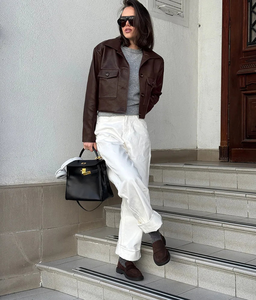 Elegant Brown Leather Cropped Jacket Women Fashion Laple Single Breasted Long Sleeves Coats Autumn Lady High Street Outwears