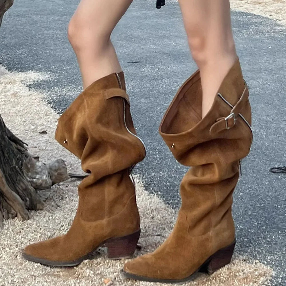 New Wide Leg Maillard style Brown Western Boots Women Pointy Tow Square Heels Vintage Zipper Knee High Boots Shoes
