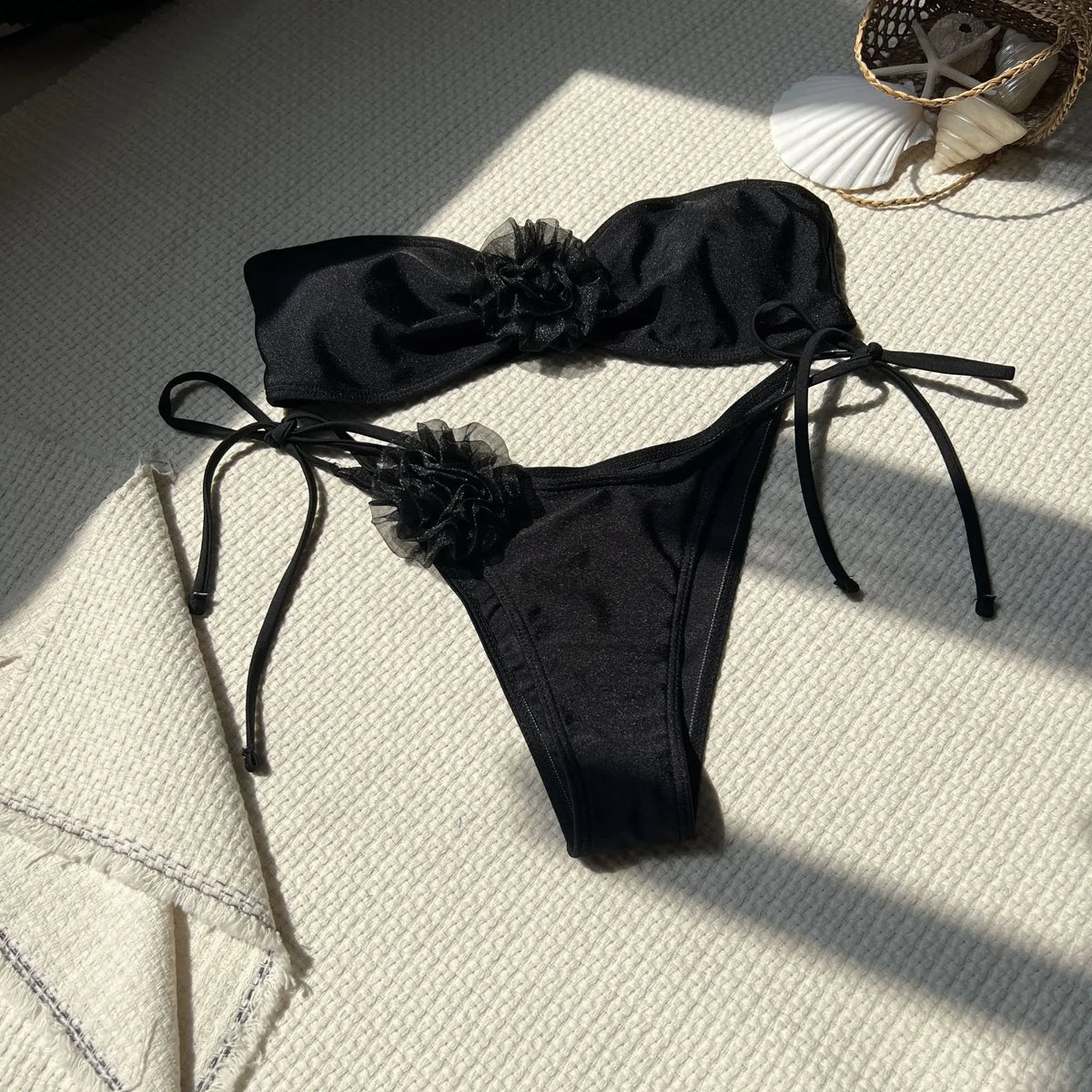 Summer Women Bikinis Strapless Brazilian Thong Biquini 3D Flower Solid Women Two Pieces Bathing Suit Swimsuit Beachwear