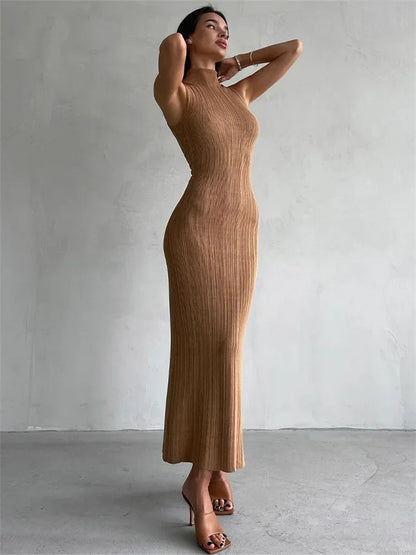Mock Neck Sleeveless Rib Knit Bodycon Maxi Dress