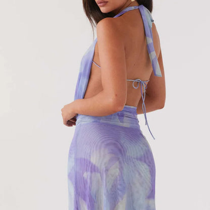 Sexy Sleeveless Printed Swinging Collar Tops&Half Skirts Sets Elegant Backless Vest High Waisted Skirts 2PC Sets Summer Outfits
