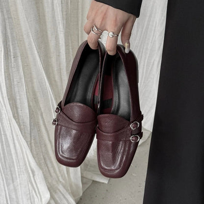 Elegant Burgundy Square Toe Loafers Women Fashion Metal Buckle Stitching Designer Shoes Comfortable Commuting Flat Office Shoes