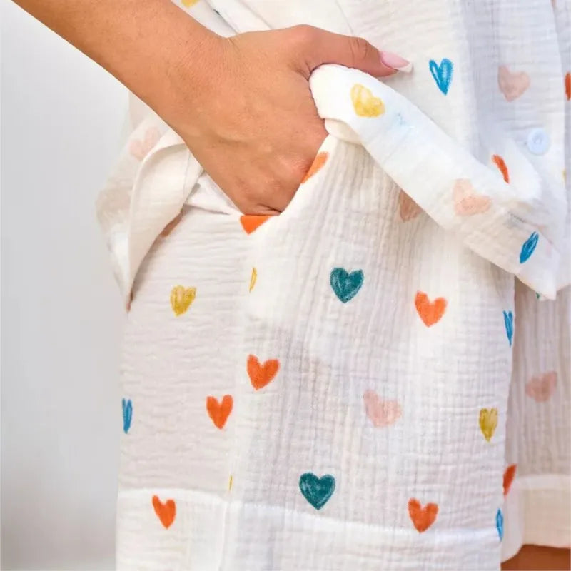 Heart Print Lapel Short Sleeve Top + Shorts Pajamas Loose 100% Cotton Comfortable Women Sets Casual Homewear Sleepwear Outfits
