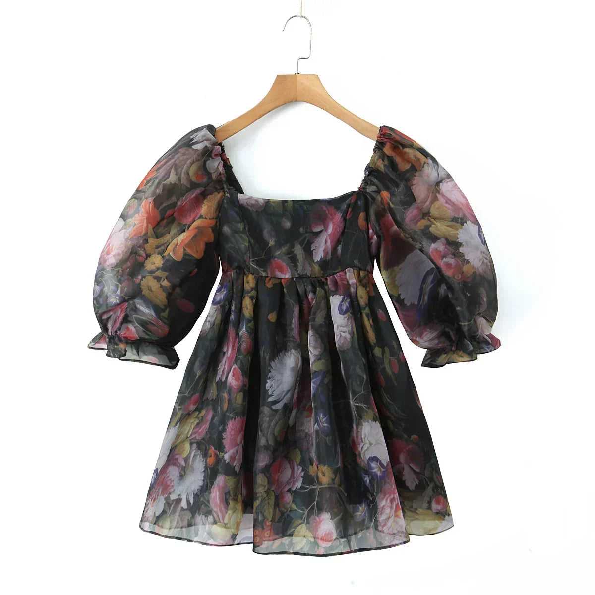 Square Neck Organza Balloon Sleeve Empire Waist Tiered Mini Dress