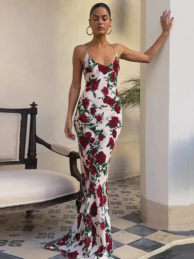 Deep V Spaghetti Strap Floral Print Bodycon Maxi Dress