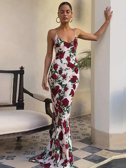 Deep V Spaghetti Strap Floral Print Bodycon Maxi Dress