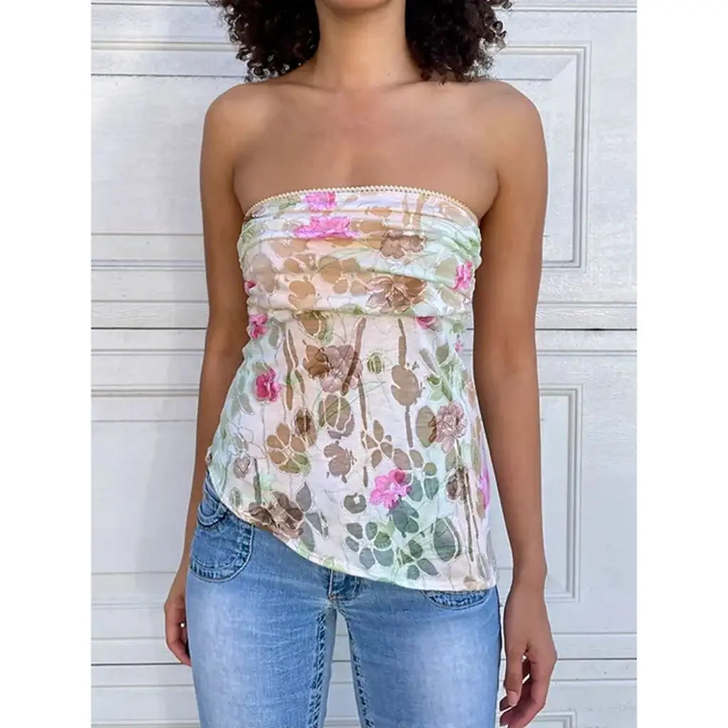 Women's Y2K Aesthetic Tube Tops Strapless Backless Vest Flower Print Summer Ladies Clubwear Slim Camisoles for Party