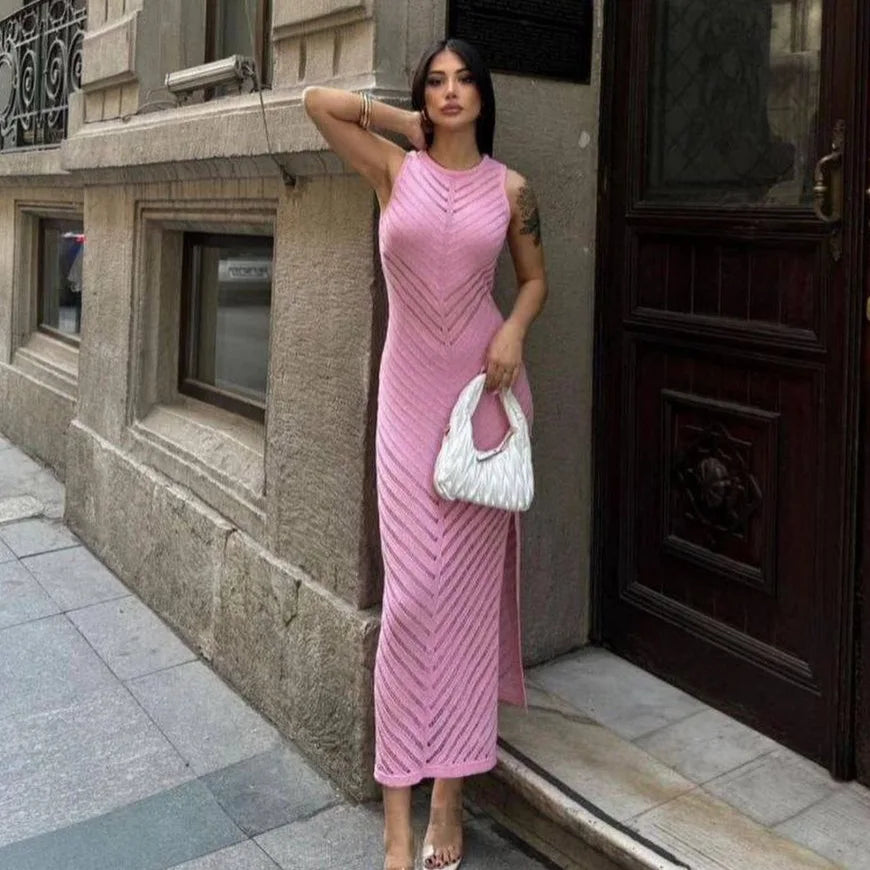 Chevron Mesh Panel Crew Neck Sleeveless Side Slit Knit Maxi Dress