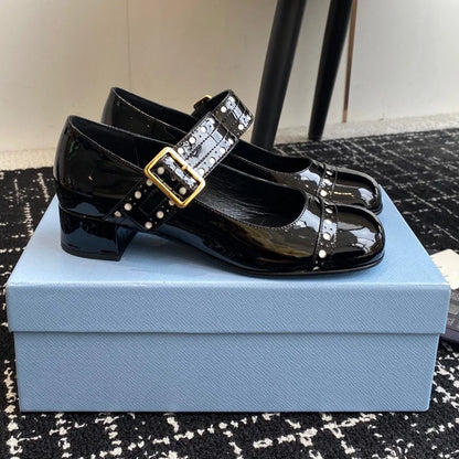 French Mary Jane Thick Heel Women's Shoes Hollow Out Spring 2025 Fashion Patent Leather Metal Buckle Office Dress Pumps Vintage