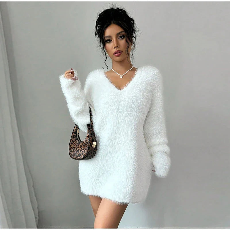 Plush V-neck Knitted Mini Dress Woman Loose Autumn Winter Women's Sweater Soft Above Knee Long Sleeve Solid Casual Dresses Warm