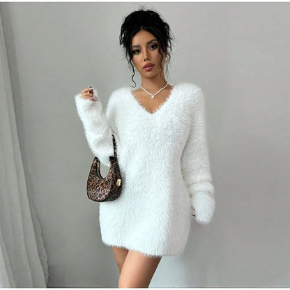 Plush V-neck Knitted Mini Dress Woman Loose Autumn Winter Women's Sweater Soft Above Knee Long Sleeve Solid Casual Dresses Warm