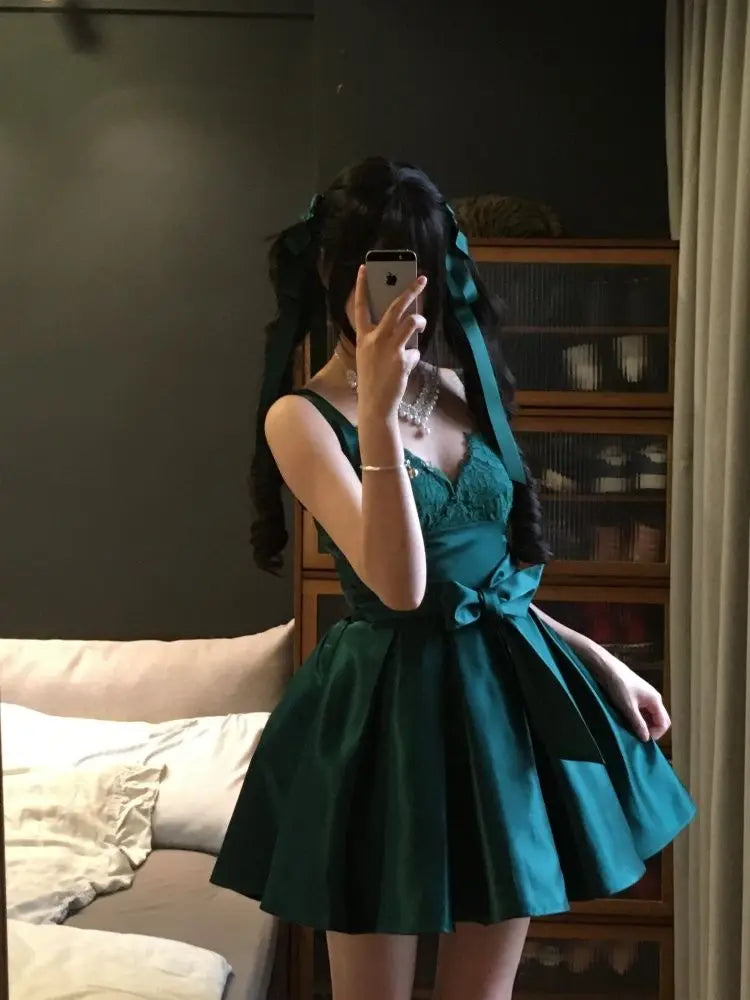 Lace Suspender Satin Dress Summer New Delicate Bow Waist Pleated Skirt