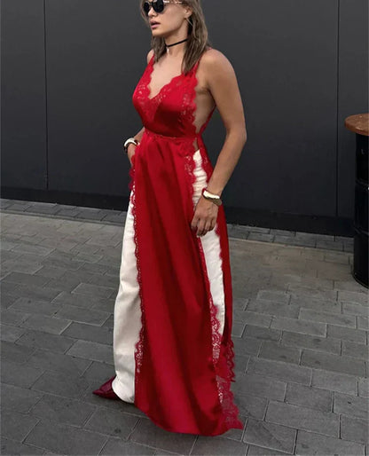 Lace Trim High Split Spaghetti Strap Satin Slip Maxi Dress