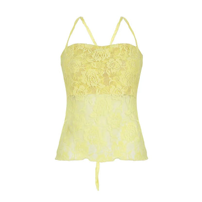 Sexy Lace Women Camisole Backless Lace-up Summer Beach Style Boho Chic Tank Top Y2K Fitted Cute Crop Top See Through