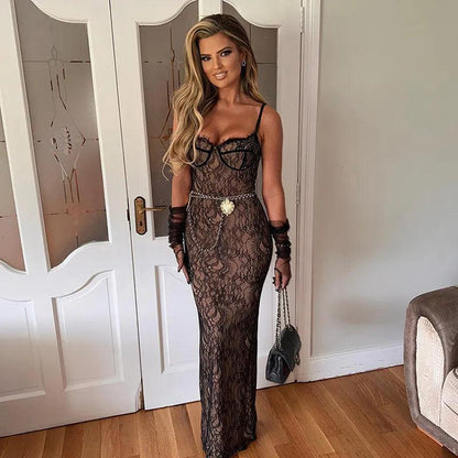 Sweetheart Neck Spaghetti Strap Lace Corset Chain Belt Maxi Dress