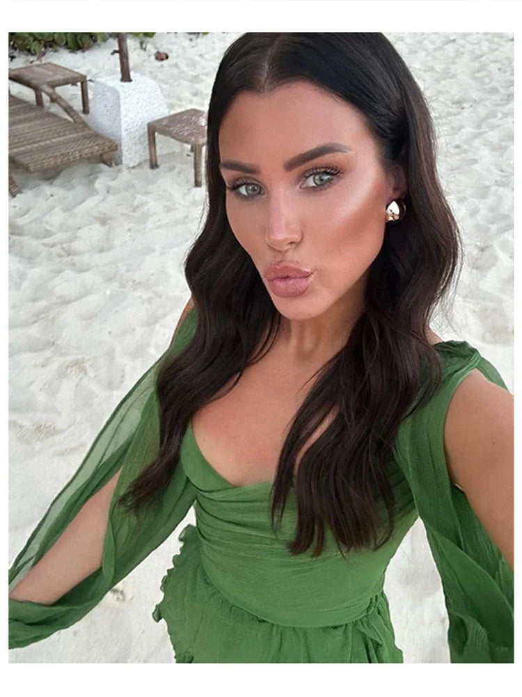 Sexy V Neck Solid Womens Dresses Pleated Hollow Out Backless Lady Dress 2024 Summer Beach Long Sleeve Casual Lady Vestidos