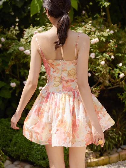 Floral Printed Casual Chic Mini Dresss Strappy Summer Sleeveless Backless Women Ladies Party Ruffles Dresses Vestidos